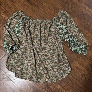 Floral Off-Shoulder Blouse in Green and Brown